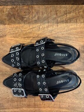 BAMBOO Black Patent Pointed-Toe Buckle Flats